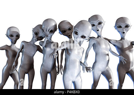 Riesige Gruppe von grauen Aliens auf weißem Hintergrund 3 isolierte d Abbildung Stockfoto