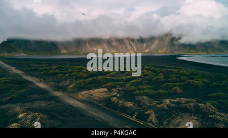 Panorama der stokksnes und vestrahorn in Island, Drone Stockfoto