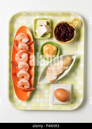 Lebensmittel mit Eiweiß Stockfoto