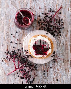 Holunder Marmelade auf Crème fraiche Brötchen Stockfoto