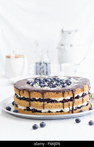 Sommer Kuchen mit einer Mutter Biskuitboden und ein Blueberry cream Füllung Stockfoto