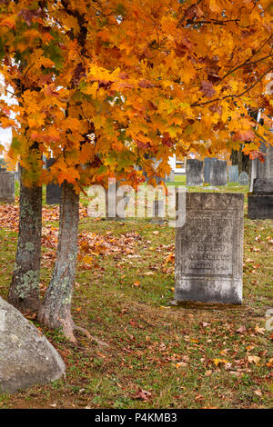 Ahorn im Herbst und 1860 Tombstone, Lunenburg Friedhof, Vermont Stockfoto