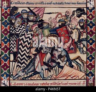 MTI 1 - CANTIGA DE SANTA MARIA Nº 63 - F92 R-LA VIRGEN SALVA EIN UN-CABALLERO DE LA BATALLA DE SAN ESTEBAN DE GORMAZ-2 ª 2 ª VIÑETA DE LA FILA-Cj 18938. Autor: Alfons X. von Kastilien, der Weise (1221-1284). Lage: MONASTERIO - BIBLIOTECA - COLECCION, SAN LORENZO DEL Escorial, Madrid, Spanien. Stockfoto