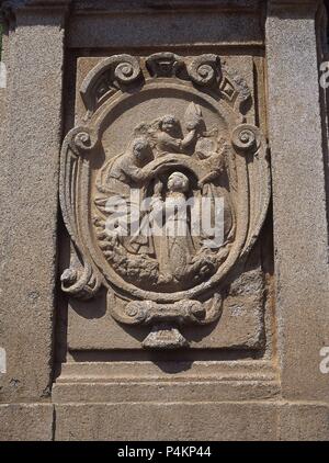 IMPOSICION DE LA CASULLA DE SAN ILDEFONSO - ENTLASTEN DE LA FUENTE DE SAN ILDEFONSO O DE LOS CUATRO CAÑOS FECHADA EN EL AÑO 1624. Lage: aussen, AJOFRIN, Toledo, Spanien. Stockfoto