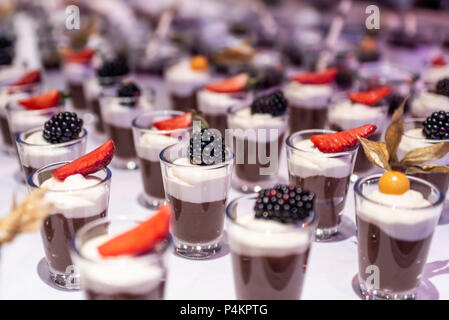 Closeup viele Dessert jar ruderten bis auf ein Buffet mit frischen Früchten Gelee und Rahm Stockfoto