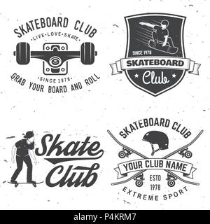 Satz von Skateboard club Abzeichen. Vector Illustration. Für skate club Embleme, Schilder und t-shirt Design. Vintage Typografie Design mit Skateboard, skate Truck und Helm. Extreme Sport. Stock Vektor