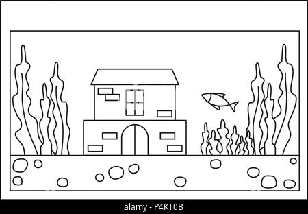 Line Art schwarzen und weißen Fisch Aquarium Stock Vektor