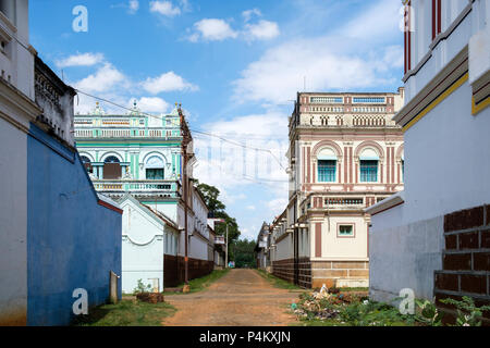 Chettinad Herrenhaus in Kanadukathan. Chettiars waren reich, aus dem 19. Jahrhundert Kaufleute und Bankiers aus der Region Chettinad, Tamil Nadu, Indien. Stockfoto