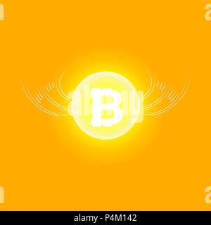 Bitcoin Cripto Währung blockchain. Bitcoin flachbild Logo auf orangem Hintergrund. Bitcoin mit Flügeln Stock Vektor