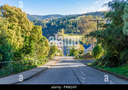 Die Baldwin Street in Dunedin, Neuseeland befindet, ist der steilsten Straße der Welt. Stockfoto
