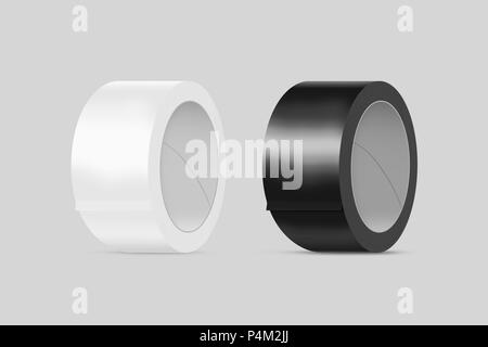 Leere weiße und schwarze Leitung Klebeband Mockup, Freisteller, 3D-Darstellung. Klebrige scotch Roll design Mock up. Klar Klebstoff klebeband Vorlage. Verpackung Stockfoto