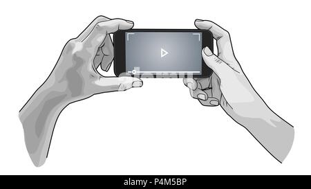 Hände, die Telefon, Vector Illustration Skizze Stil und isoliert auf weißem Hintergrund Stock Vektor