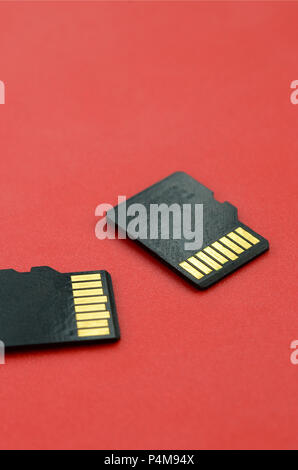 Zwei kleine Micro-SD-Karten liegen auf einem roten Hintergrund. Eine kleine und kompakte Daten und Informationen speichern. Stockfoto