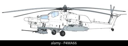 Russische Luftwaffe Mil Mi 28 Verwüstung militärischen Angriff Kampfhubschrauber in der Tarnung fliegen detail Außen breite Luftaufnahme Stock Vektor