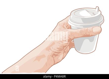 Hand gezeichnete Skizze einer Hand, die eine neue Tasse Kaffee Stock Vektor
