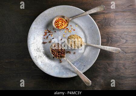 Drei Löffel mit Gewürzen auf eine Metallplatte Stockfoto