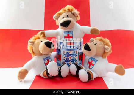 Drei Löwen sitzen in und um ein England Becher mit einem St. George's Cross Flag als Hintergrund Stockfoto