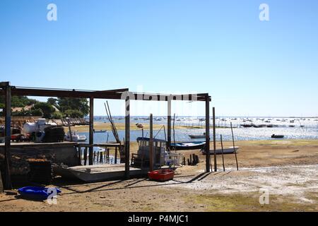 Oyster Kultur im Dorf Piraillan, Bassin d'Arcachon, Gironde, Frankreich Stockfoto