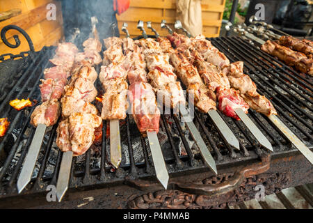 Frische Spieße auf Feuer im Grill, braten Fleisch am Spieß über offenem Feuer. Stockfoto