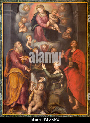 REGGIO EMILIA, Italien - 13 April, 2018: Das Gemälde der Madonna mit dem st. Joseph, Johannes der Evangelist und Cecilia von regionalen Unbekannter Künstler Stockfoto