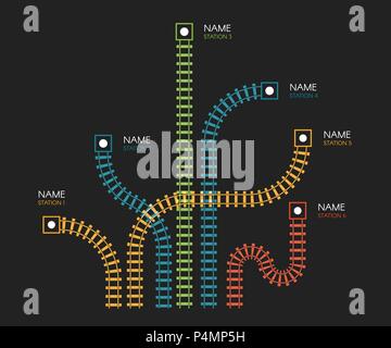 Die Eisenbahn, die Eisenbahn einfach Symbol, Rail Track Richtung, Gleise bunte Vektorgrafiken auf schwarzem Hintergrund, bunte Treppe, U-Bahn-Stationen Karte top Aussicht, infografik Elemente. Stock Vektor