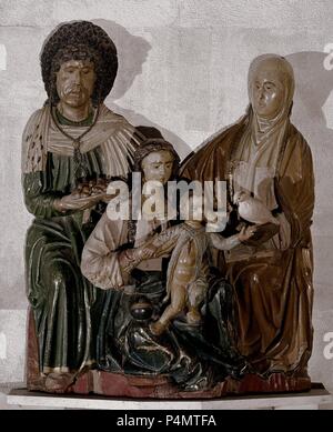 SANTA PARENTELA - GRUPO DE LA VIRGEN CON EL NINO SANTA ANA Y SAN JOAQUIN PROCEDENTE DE LA IGLESIA DE LA SECA-FINALES DEL SIGLO XV. Autor: Maestro de San Pablo de La Moraleja (16.). Lage: Catedral, Valladolid, Spanien. Stockfoto