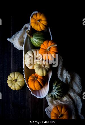 Eine Sammlung von bunten petite Kürbisse Kürbisse und in eine Schüssel geben. Stockfoto