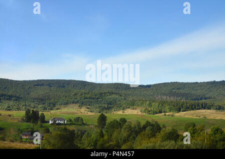 Foto der Karpaten, die haben eine Menge Nadelbäume. Wald- und Berglandschaft im frühen Herbst Jahreszeit Stockfoto