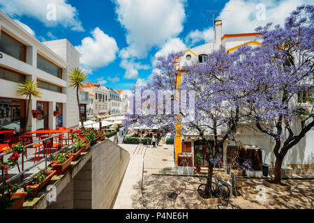 Cascais, Portugal - Juni 8, 2018: Besetzt touristischen Restaurants und Bars mit traditionellen portugiesischen Architektur und blaue Jacaranda Baum im Vordergrund. Stockfoto