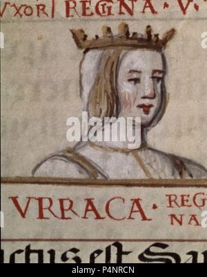 GENEALOGIA DE LOS REYES DE ESPAÑA - URRACA REINA DE PORTUGAL (MUERE EN 1220). Autor: Alonso de Cartagena (1385-1456). Lage: Biblioteca Nacional - COLECCION, MADRID, SPANIEN. Stockfoto