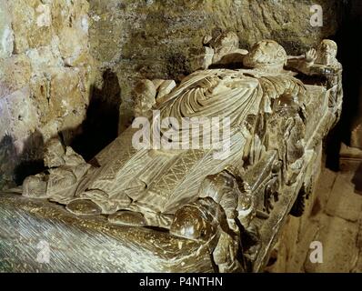 CENOBIO DE SAN MILLAN PASTOR S XII. Lage: MONASTERIO DE SUSO, SAN MILLAN DE LA COGOLLA, Rioja, Spanien. Stockfoto