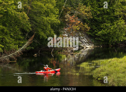 Alte Schmiede, New York, USA. 27. August 2015. Ein kayaker macht Ihren Weg in der Mitte Niederlassung Moose River in Old Forge während einer Pause für Reiter im ersten Zyklus Adirondacks Fahrradtour in Upstate New York. Credit: L.E. Baskow/ZUMA Draht/Alamy leben Nachrichten Stockfoto