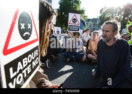 London, Großbritannien. 22. Juni, 2018. Aktivisten aus der Abstimmung keine Heathrow einschließlich Roger Hallam (r), von denen einige im Hungerstreik seit 14 Tagen haben, blockieren die Straße in Parliament Square, um gegen die Pläne der Regierung zu protestieren, und der Mangel an Arbeit gegen eine dritte Start- und Landebahn am Flughafen Heathrow. Eine Abstimmung über die Angelegenheit ist im Unterhaus am Montag gehalten zu werden, und die Aktivisten haben insbesondere die Labour Party seinen Abgeordneten zu peitschen Heathrow Expansion zu widersetzen. Stockfoto