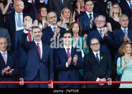 Pie de Foto: Felipe VI, Pedro Sanchez, Quim Torra y Meritxell Batet de los Juegos de Estragon Descripcion: El Rey Felipe VI; El Presidente Pedro Sanchez, El Presidente de la Generalitat, Quim Torra, y la ministra Meritxell Batet de la ceremonia de Apertura de los Juegos del Mediterraneo de Tarragona Noticia Asociada: CATALUNYA. AMP. El Rey declara abiertos los Juegos en una ceremonia Mediterraneos con Torra y Sanchez 22/06/2018 der König von Spanien inagurates Los Juegos Mediterráneos 888/Cordon drücken Sie Stockfoto