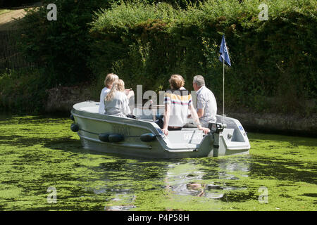 London, Großbritannien. 23. Juni 2018. London, Großbritannien. 23. Juni 2018. Ein Boot macht seinen Weg entlang der Regent's Canal in Giftig grüne Algen bedeckt, wie viel von dem Vereinigten Königreich wird erwartet heißes Wetter und hohen Temperaturen an diesem Wochenende mit der Temperatur zu erwarten 30 Grad Celsius in großen Teilen des Landes Credit: Amer ghazzal/Alamy Live News Credit: Amer ghazzal/Alamy Live News Credit: Amer ghazzal/Alamy Leben Nachrichten erreichen zu genießen Stockfoto