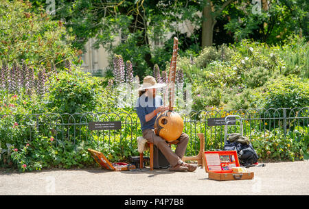 Brighton UK 23. Juni 2018 - ein Musiker busks in Pavilion Gardens Brighton an einem schönen sonnigen Tag mit Temperaturen gesetzt in Großbritannien in den nächsten Tagen Gutschrift zu steigen: Simon Dack/Alamy leben Nachrichten Stockfoto