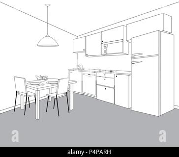 Innenraum Skizze der Küche Zimmer. Entwurf Entwurf Entwurf der Küche mit modernen Möbeln und Esstisch Stock Vektor