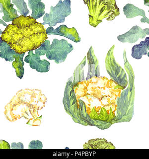 Blumenkohl und Brokkoli Pflanze mit Blättern Wachstum und Slice, nahtlose Muster Handgemalten Aquarell Abbildung Stockfoto