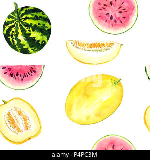 Gelb gestreifte reife Melonen und Wassermelonen, geschnittenen Scheiben, nahtlose Muster Handgemalten Aquarell Abbildung Stockfoto