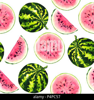 Gestreifte Wassermelonen und Scheiben schneiden, nahtlose Muster Handgemalten Aquarell Abbildung Stockfoto