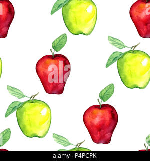 Grüne und rote Äpfel mit Blättern, nahtlose Muster Handgemalten Aquarell Abbildung Stockfoto