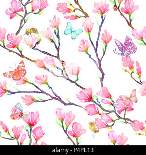 Pink Magnolia Filialen mit Schmetterlinge, Käfer, Marienkäfer, Bienen, nahtlose Muster Handgemalten Aquarell Abbildung Stockfoto