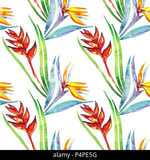 Strelitzia (Bird Of Paradise Anlage) Blume und Heliconia stricta Blume, nahtlose Muster Handgemalten Aquarell Abbildung Stockfoto