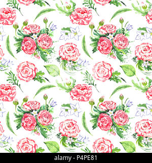 Ranunculus rosa Blüten mit Blättern, nahtlose Muster Handgemalten Aquarell Abbildung Stockfoto