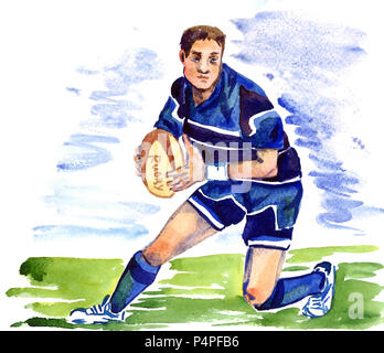 Athlet rugby spieler läuft mit dem Ball auf dem Fußballplatz des Stadions, Handgemalten Aquarell Abbildung Stockfoto