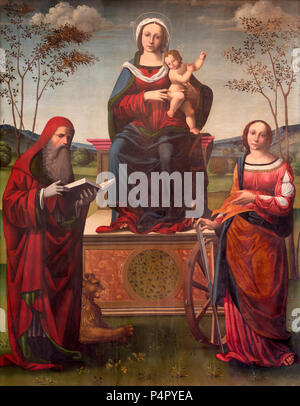 REGGIO EMILIA, Italien - 12. APRIL 2018: Die Malerei von Madonna auf dem trone mit dem Kind und st. Jerome und st. Catherine im Dome Stockfoto