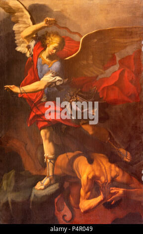 REGGIO EMILIA, Italien - 12. APRIL 2018: Die Malerei von Erzengel Michael in Duomo Kirche von Orazio Talami (1624 - 1708). Stockfoto