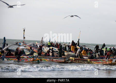 Fischerboote am Strand Tanji, Gambia, Westafrika. Stockfoto