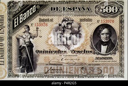 BILLETE DE 500 Peseten 1884. Ort: BANCO DE ESPAÑA - Dokumente, MADRID. Stockfoto