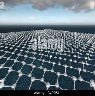Computer Abbildung eines molekularen Modell eines Blatt stanene zeigt die niedrige angeschnallt Struktur, die von der Dichtefunktionaltheorie (DFT) Berechnungen vorhergesagt wird. Stanene hat eine ähnliche Wabenstruktur auf Graphen, sondern besteht aus Zinn Atomen. Mit dem Zusatz von Fluor Atome, es wird vermutet, dass es sich 100% Wirkungsgrad als elektrischer Leiter erreichen. Die erste Herstellung von stanene wurde im August 2015 erreicht, die Forscher in Amerika und China. Stockfoto
